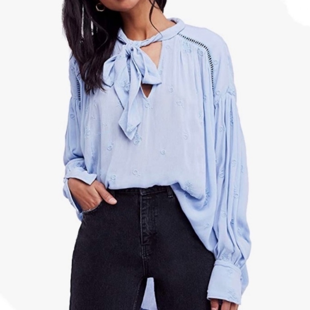 Free People Wishful Moments Tie Neck Blouse Embroidered Light Blue Oversized XS
